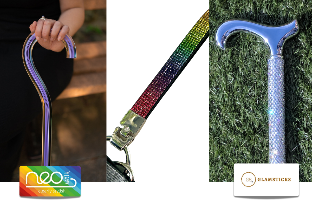 Two walking stick brand examples with Kaye's own rainbow crystal walking stick strap shown in the centre.